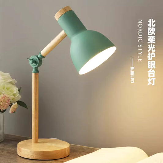 Creative Nordic Table Lamp Wooden Art LED Turn Head Simple Bedside Desk Light/Eye Protection Study Lamp