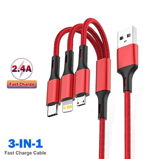 3In1 Fast Charging Cable Cord For iPhone Micro USB Type C Charger Cable Multi Port